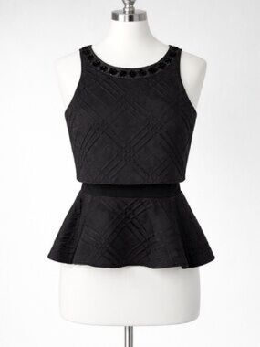 Express Black Peplum Top Ruffle Textured Tiered Layered beaded, size XS